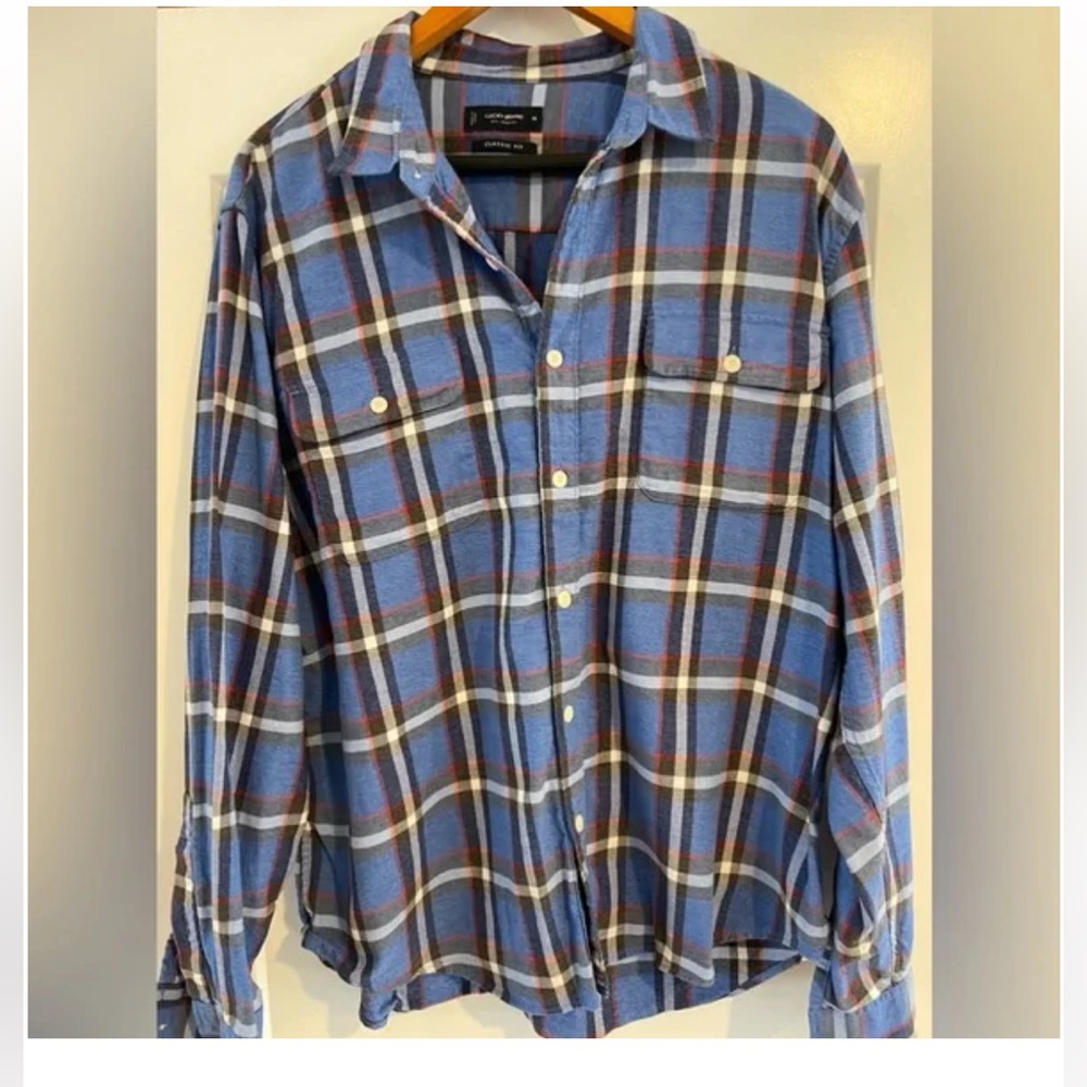 Lucky Brand - Men's Large Flannel Plaid Blue Button Up Long Sleeve Shirt. XL